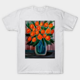 Some lovely bright red and orange roses in a glass vase T-Shirt